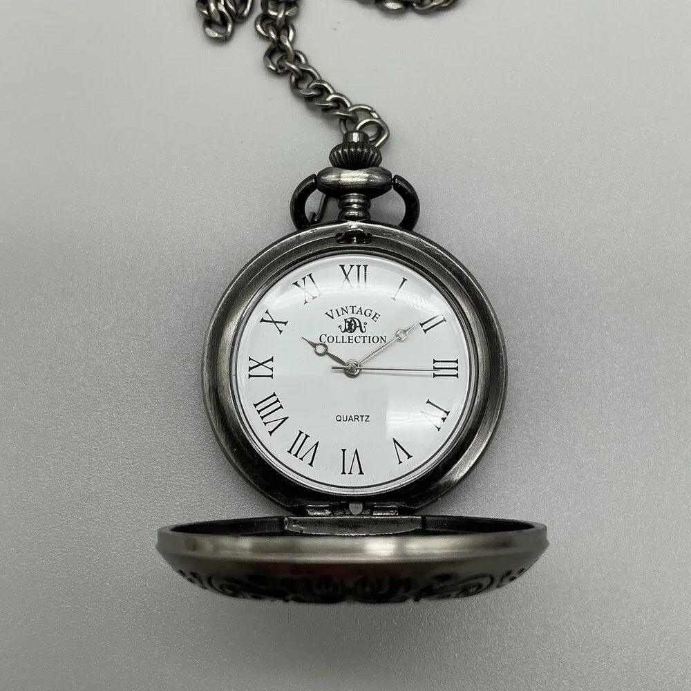 Vintage Collection Pocket Watch Men 46mm Silver Tone Utah 1896 Chain New Battery